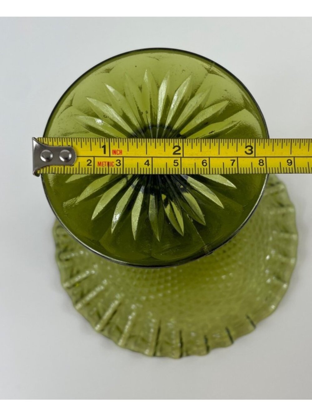 Vintage Green Glass Compote With Diamond Pattern & Ruffled Edge Pedestal Bowl - Picture 11 of 11